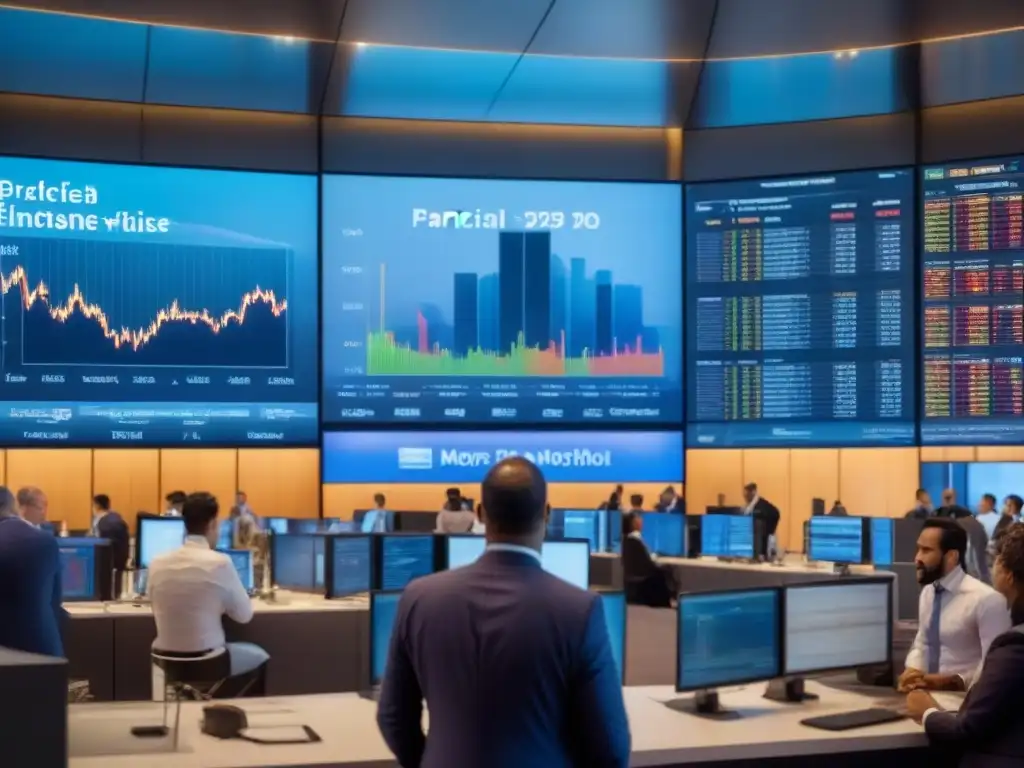 Oportunidades y riesgos: panorama financiero internacional Profesionales debatiendo en distrito financiero con rascacielos, reflejando gestión de riesgos hipotecarios internacionales