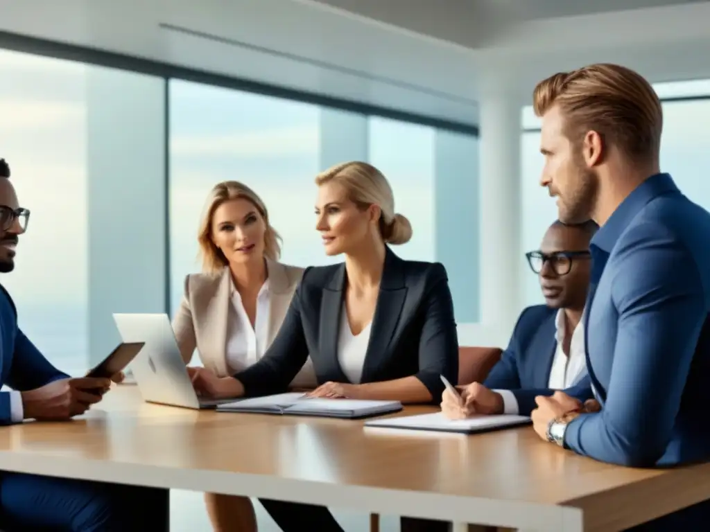 Reunión estratégica de profesionales en oficina luminosa Profesionales diversificados discuten alianzas estratégicas propiedades vacacionales en moderna oficina luminosa