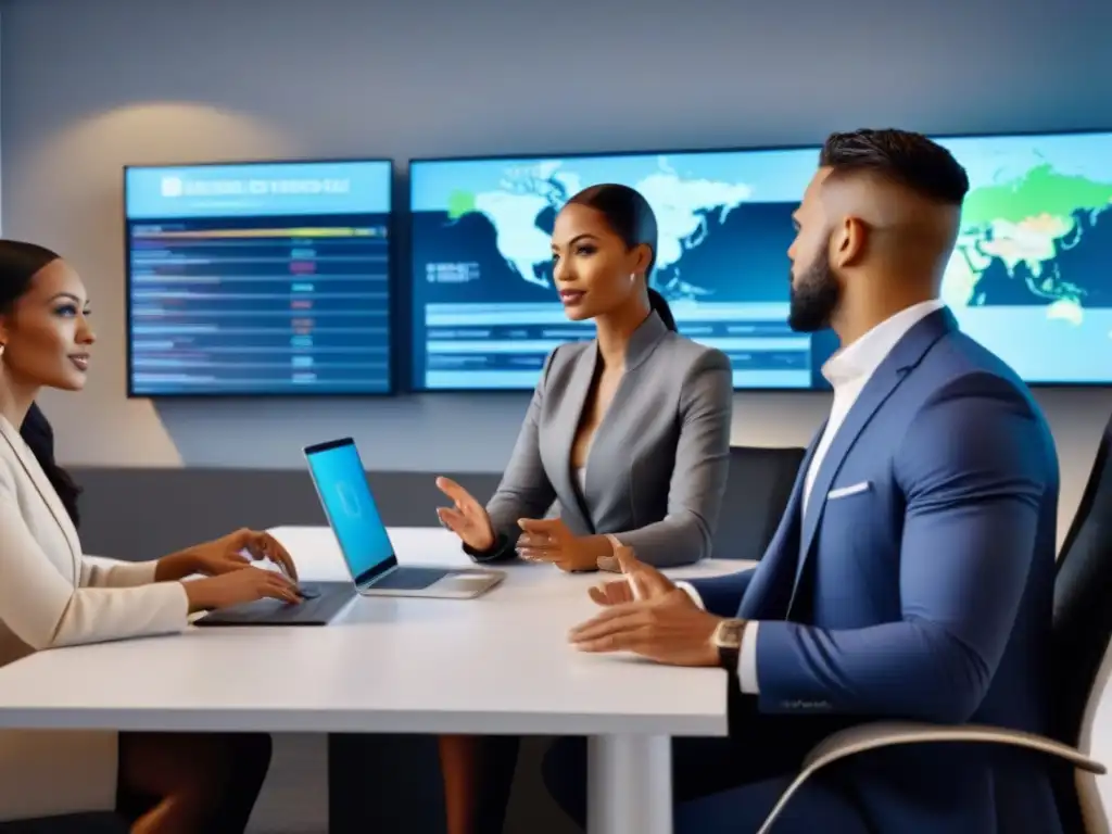 Profesionales globales debatiendo inversiones inmobiliarias Profesionales diversificados discuten sobre Invertir en bienes raíces internacionales en una oficina moderna y elegante