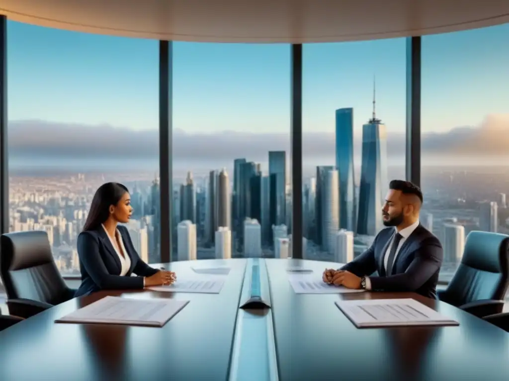 Profesionales de negocios en reunión global de inversión inmobiliaria Profesionales diversificados discuten inversión en bienes raíces internacionales en moderna sala de conferencias con vista a la ciudad