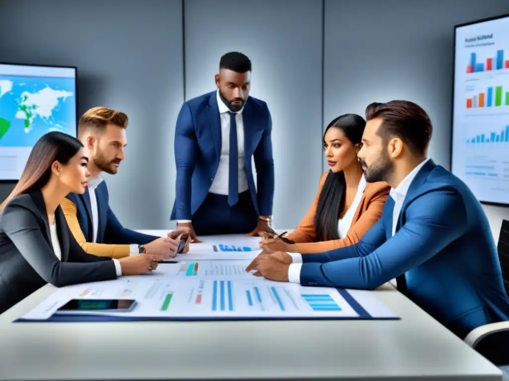 Inversores globales estrategizando en mercado inmobiliario Profesionales diversificados discuten estrategias anticíclicas mercado inmobiliario en oficina moderna