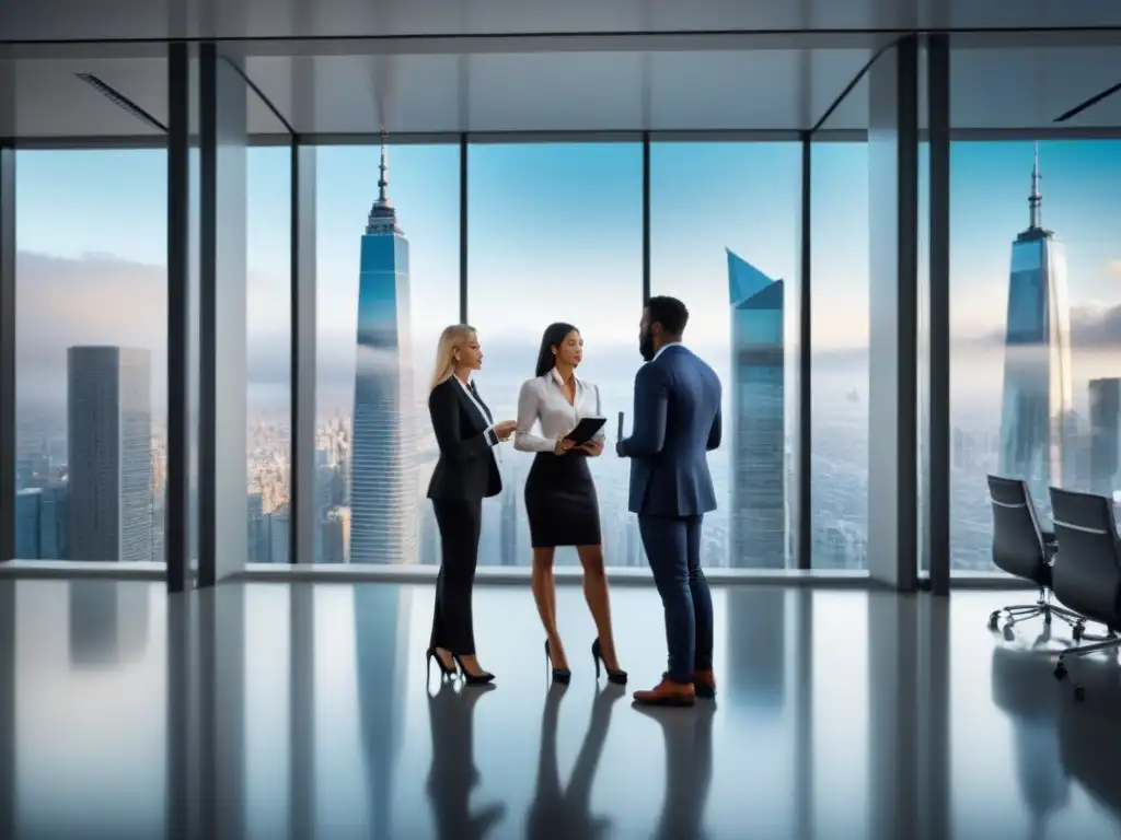 Inversión inmobiliaria: Estrategias innovadoras en la ciudad Profesionales diversificados discuten estrategias de Invertir en bienes raíces comerciales en moderno edificio de oficinas