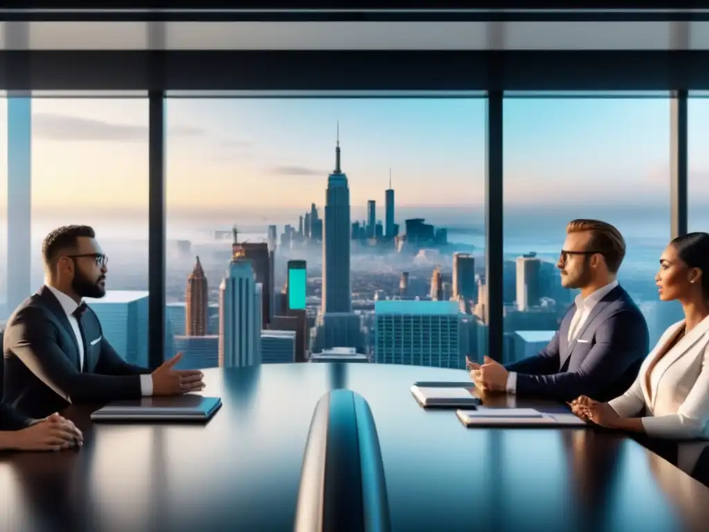 Profesionales globales debatiendo estrategias inmobiliarias Profesionales diversificados debatiendo estrategias de inversión inmobiliaria en un moderno salón ejecutivo con vista a la ciudad
