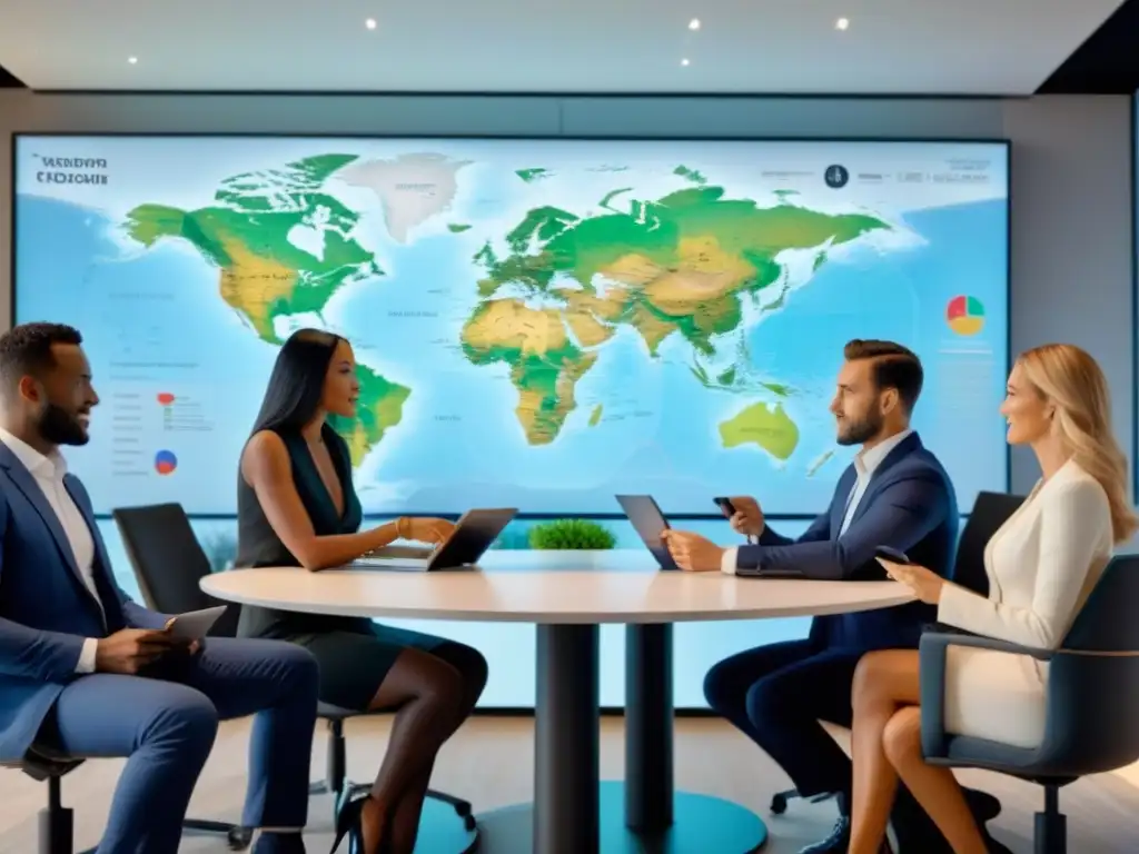 Profesionales debaten inversiones inmobiliarias globales en sala moderna Profesionales diversificados discuten estrategias de inversión inmobiliaria extranjera en sala moderna y elegante