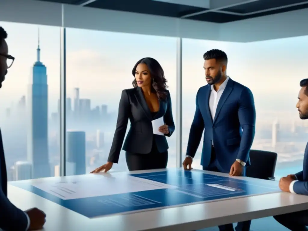 Profesionales diversificados discuten estrategias de inversión inmobiliaria en moderna oficina con vista a la ciudad Profesionales diversificados discuten estrategias de inversión segura en mercado inmobiliario en moderna sala de juntas