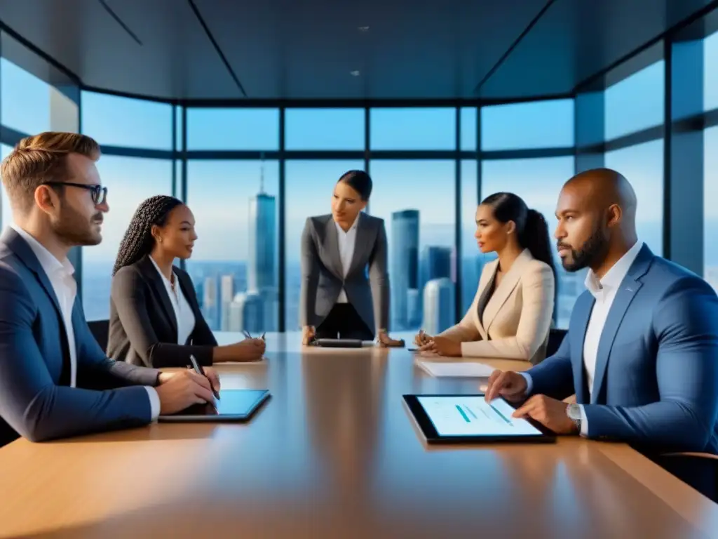 Reunión estratégica de profesionales en moderno boardroom Profesionales diversificados discuten estrategias de inversión en terrenos sin desarrollar en moderna sala de juntas