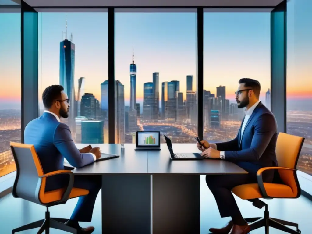 Profesionales diversificados debaten estrategias de inversión inmobiliaria en moderna sala de juntas con vista a la ciudad al atardecer Profesionales diversificados discuten estrategias de inversión inmobiliaria bajo regulaciones fiscales en moderna oficina al atardecer
