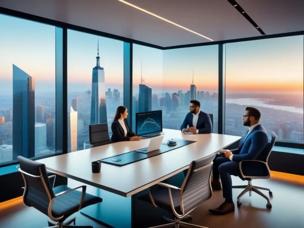 Oficina futurista: estrategias de costos para timeshare Profesionales diversificados discuten estrategias rentabilidad gestión tiempos compartidos en moderna oficina con vista panorámica