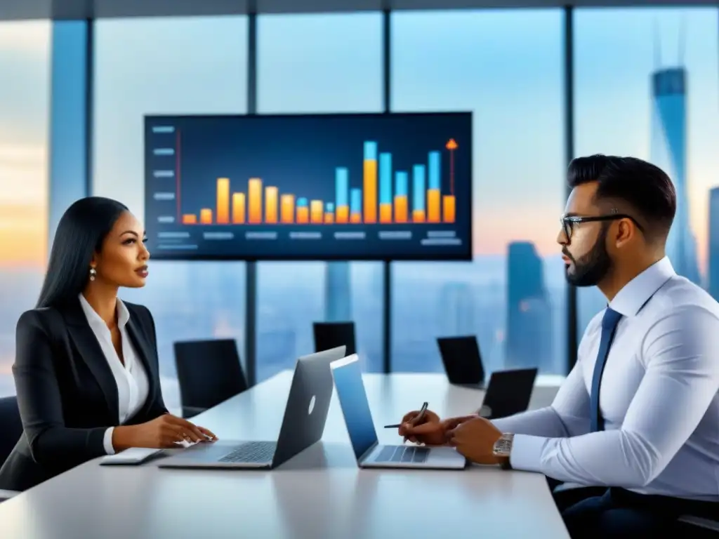 Profesionales discuten estrategias de inversión en oficina moderna Profesionales diversificados discutiendo estrategias de salida inversión inmobiliaria en oficina moderna con pantallas digitales