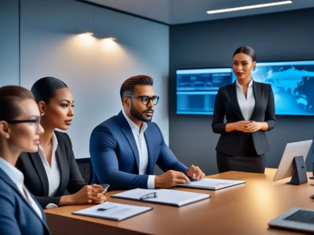 Profesionales multiculturales en reunión por financiamiento de propiedades vacacionales internacionales Profesionales diversificados discuten financiamiento propiedades vacacionales internacionales en una oficina moderna y elegante