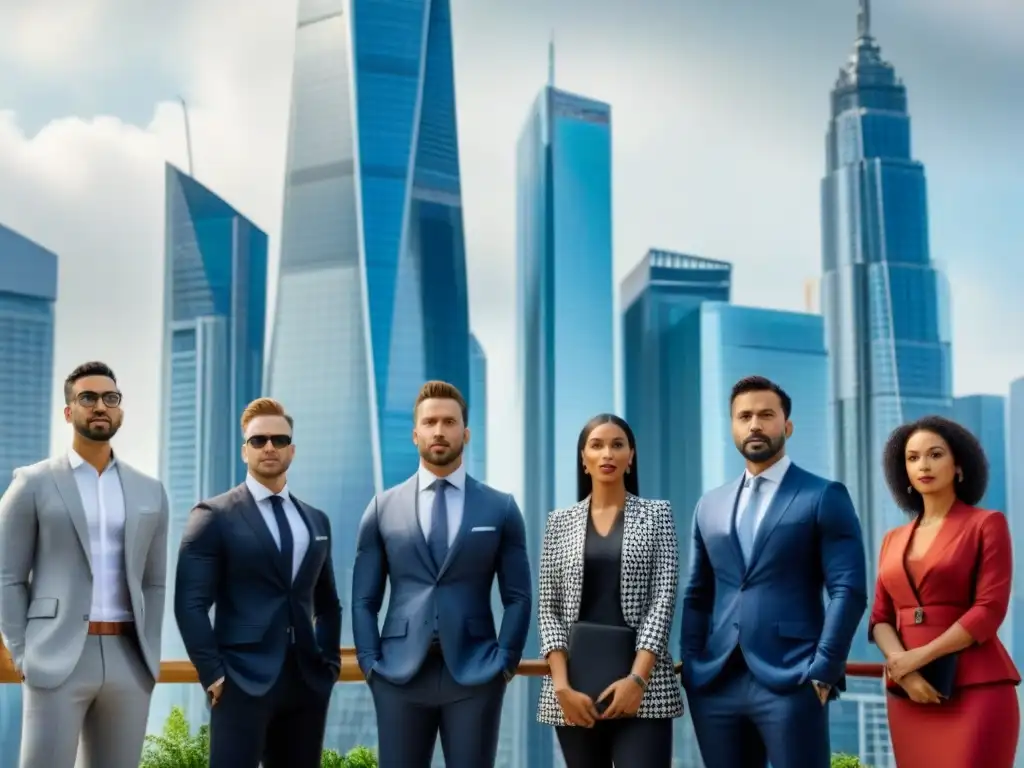 Inversión Inmobiliaria Global: Profesionales en la Ciudad Profesionales diversificados discuten frente a una ciudad moderna, simbolizando oportunidades para invertir en mercado inmobiliario internacional