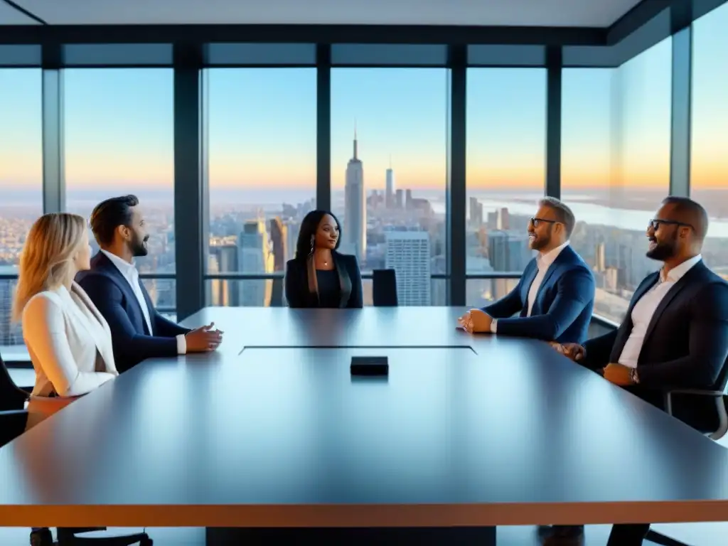 Brainstorming coliving: profesionales en coworking futurista Profesionales diversificados discuten ideas innovadoras en un coworking moderno, fomentando la inversión en coliving a nivel global