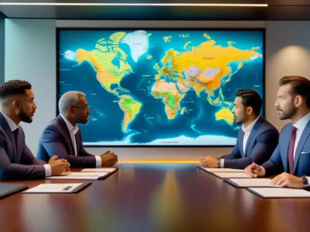 Profesionales en reunión global en sala de juntas ultradetallada Profesionales diversificados discuten informes financieros en sala de juntas moderna, con mapa mundial en pantalla