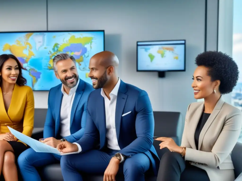 Profesionales globales debatiendo inversiones internacionales en oficina moderna Profesionales diversificados analizan inversiones en tiempo compartido en una oficina moderna y sofisticada