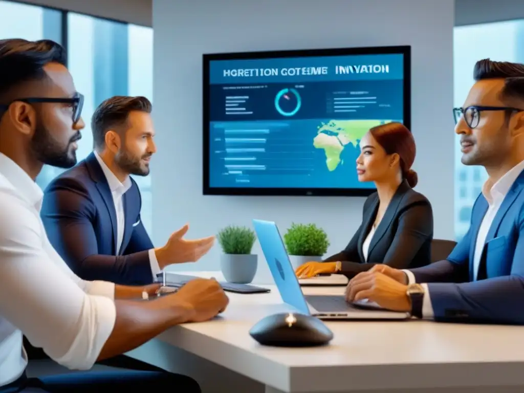 Reunión virtual de profesionales: inversión inmobiliaria mundial Profesionales diversificados en reunión virtual sobre estrategias de inversión en bienes raíces internacionales para evitar litigios