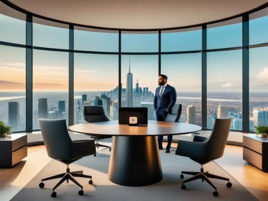 Oficina de lujo en ciudad global: negociaciones de timeshare Profesionales diversificados discutiendo sobre legislación tiempo compartido inversionistas globales en lujosa oficina con vista a la ciudad