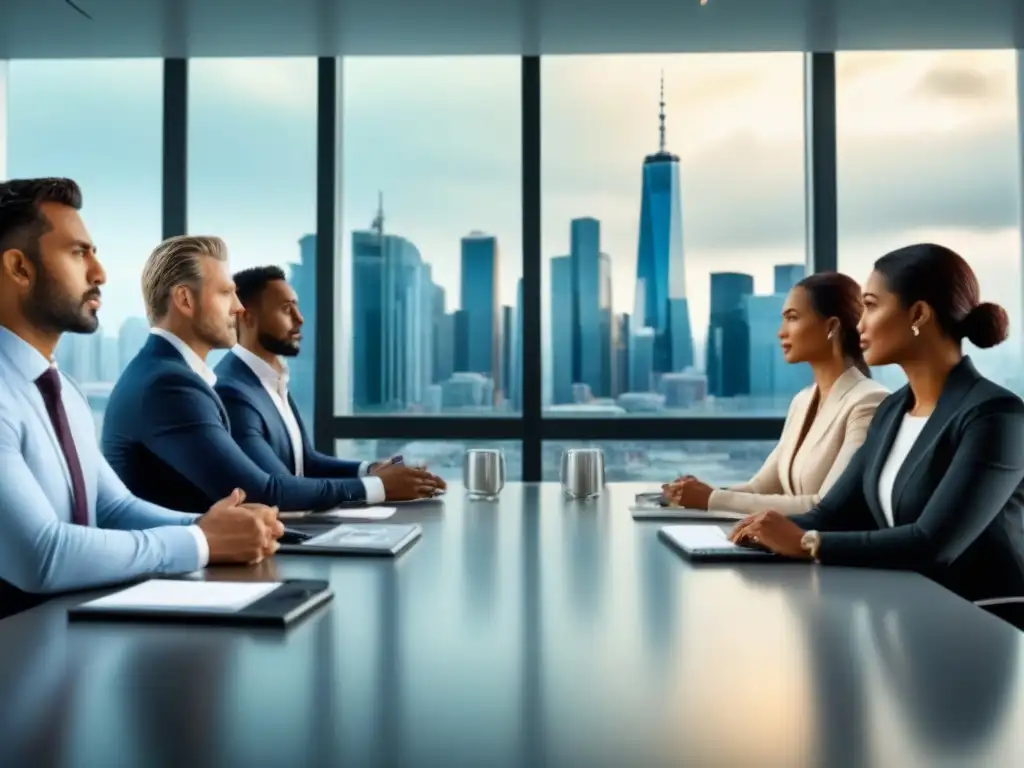 Profesionales diversos en oficina moderna: colaboración global Profesionales diversos en oficina moderna, debatiendo sobre Legado ético mercado inmobiliario internacional