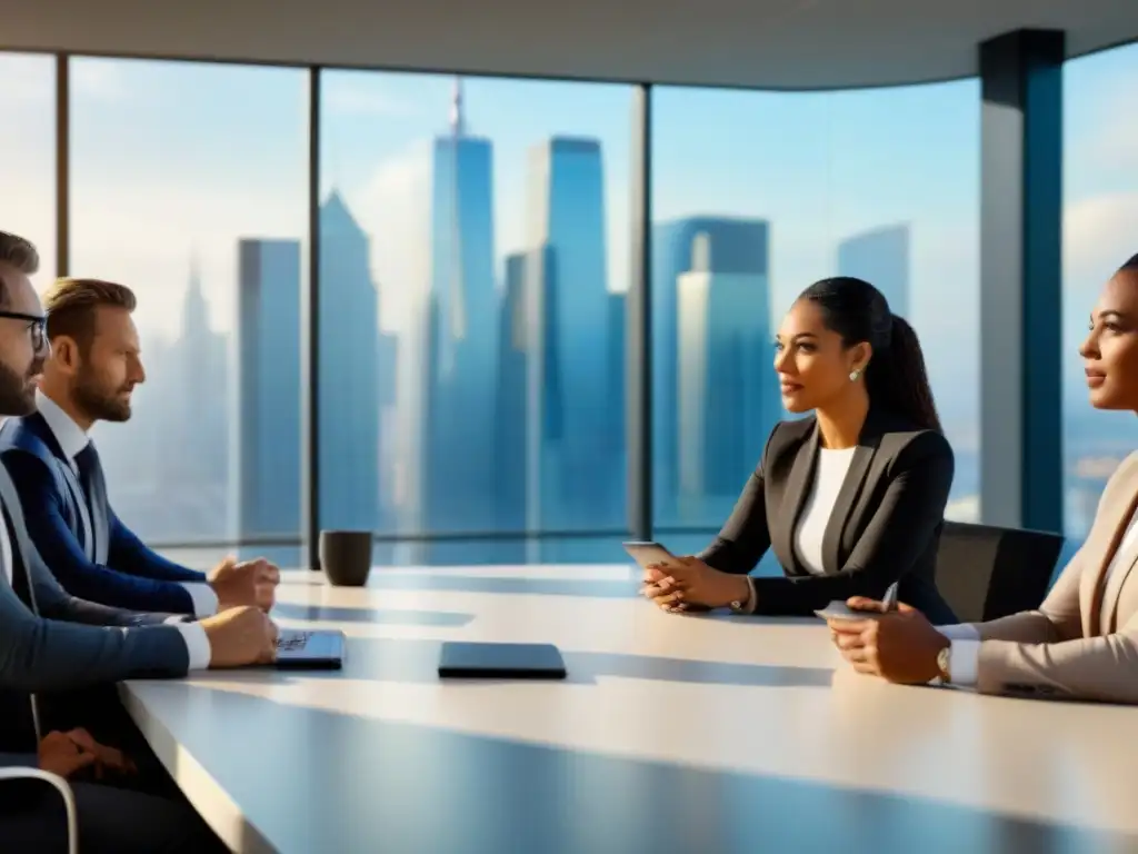 Profesionales diversificados en reunión estratégica en oficina moderna Profesionales diversos en oficina moderna discuten estrategias para disputas legales en inversiones inmobiliarias