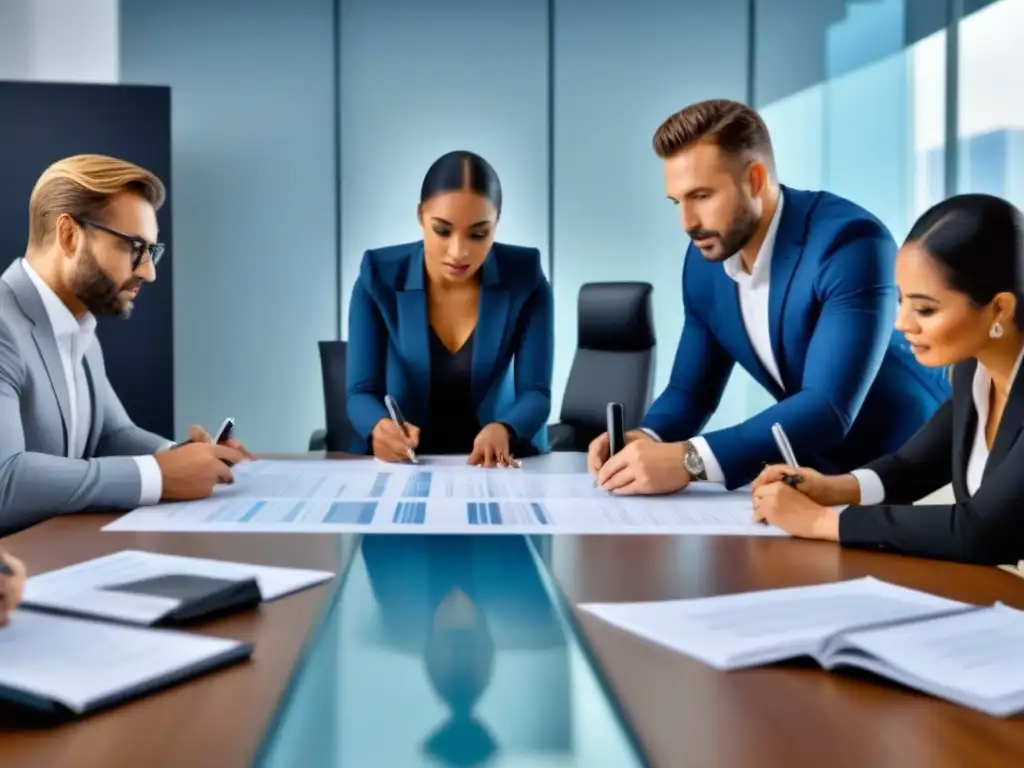 Profesionales diversos en oficina moderna: expertos en inversiones inmobiliarias emergentes Profesionales diversos en oficina moderna, colaborando en inversión inmobiliaria mercados emergentes desafíos