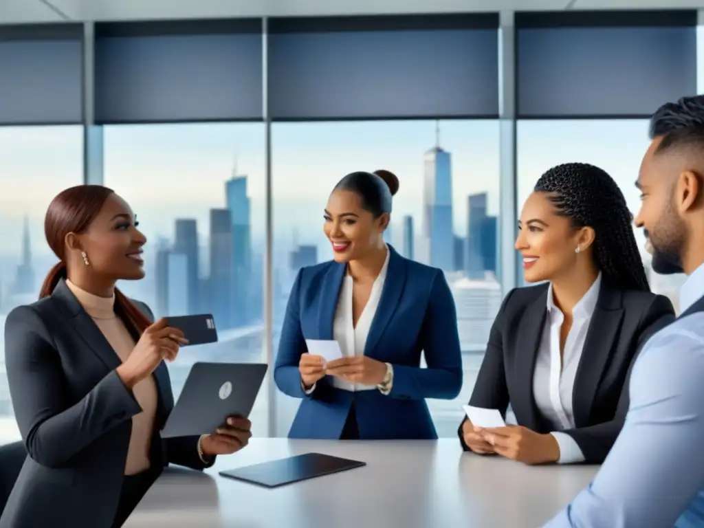 Profesionales en red: diversidad y negocios globales en oficina moderna Profesionales diversos en oficina moderna, intercambiando ideas y tarjetas en evento de red de contactos inversiones internacionales