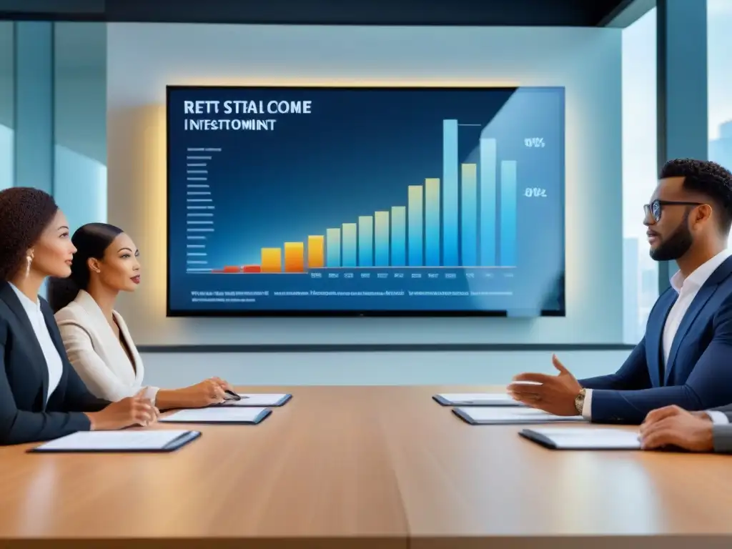 Conferencia de expertos en REITs: diversidad y visión estratégica Profesionales diversxs discuten estrategias de ingresos pasivos REITs en moderna sala de reuniones
