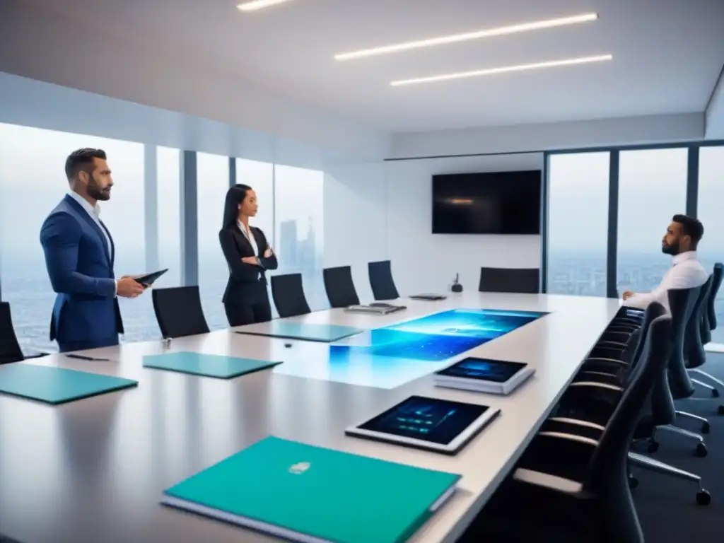 Equipo profesional analizando contratos inmobiliarios en oficina moderna Profesionales analizando documentos y contratos inmobiliarios internacionales en una oficina moderna y tecnológica