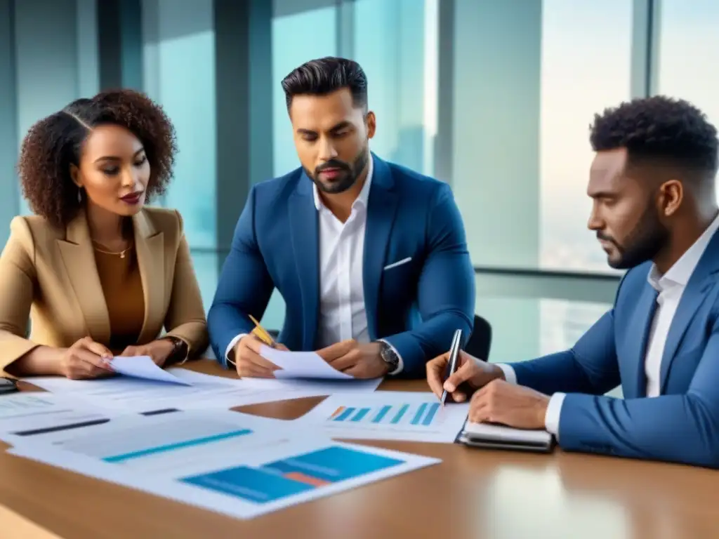 Equipo diverso analizando informes financieros en oficina moderna Profesionales diversos revisan documentos financieros en oficina contemporánea