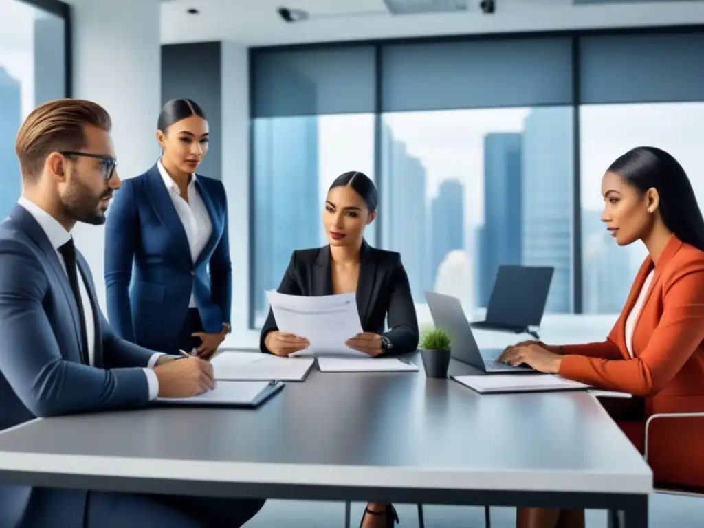 Reunión profesional de selección de inquilinos en oficina moderna Profesionales revisan documentos legales y seleccionan inquilinos confiables en oficina moderna