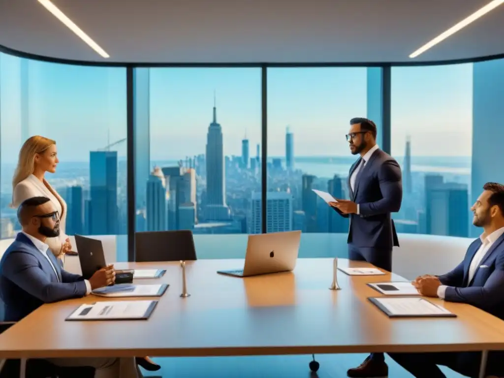 Profesionales de PropTech discuten documentos legales en oficina moderna Profesionales discuten documentos legales sobre plataformas PropTech en oficina moderna