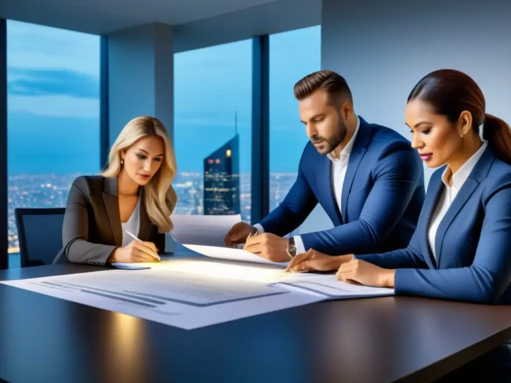 Equipo de profesionales analizando documentos inmobiliarios con detalle Profesionales analizan minuciosamente documentos y planos inmobiliarios en una oficina moderna