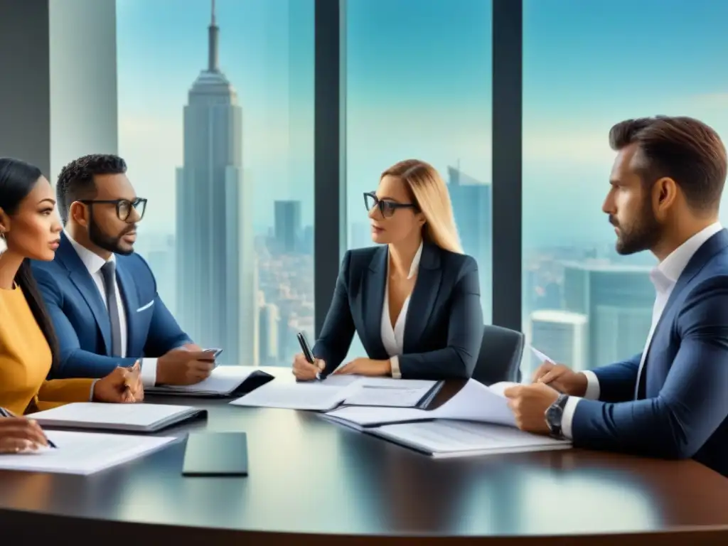 Profesionales analizan inversiones en tiempos compartidos Profesionales analizan documentos sobre inversión en tiempo compartido legal en una sala moderna con vista a la ciudad