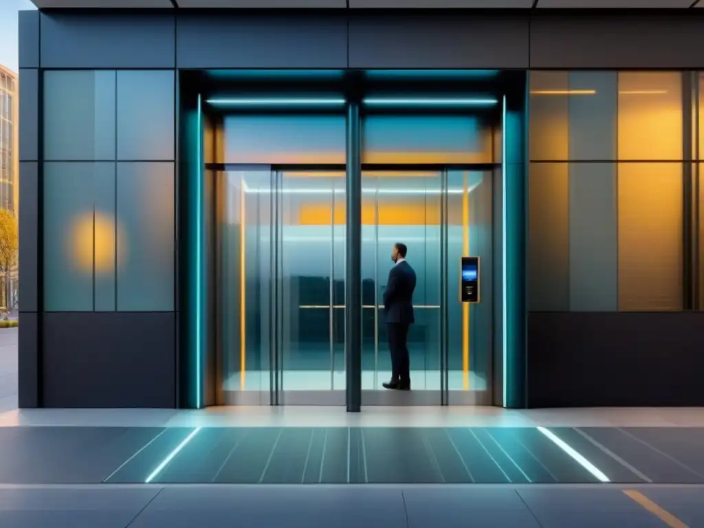 Entrada futurista con reconocimiento facial para oficina moderna Profesionales entran a edificio moderno con puerta automática de reconocimiento de patrones