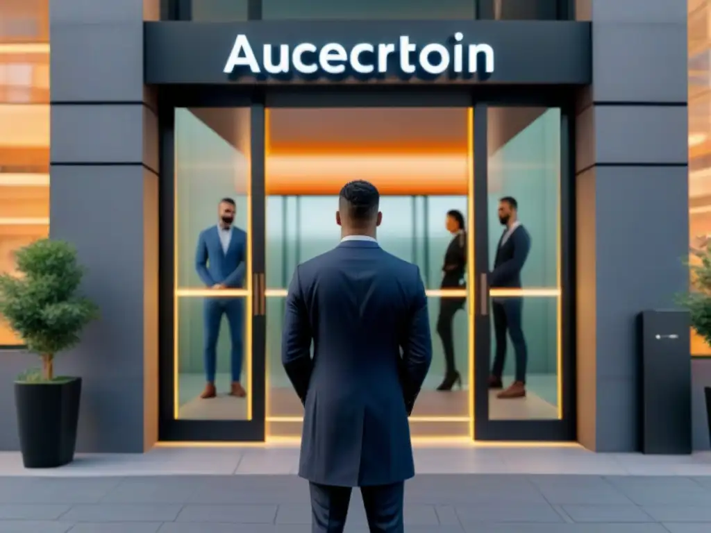 Entrada futurista con reconocimiento facial en edificio de alta tecnología Profesionales elegantes pasan por una entrada futurista con sistemas de reconocimiento facial en un entorno urbano vibrante