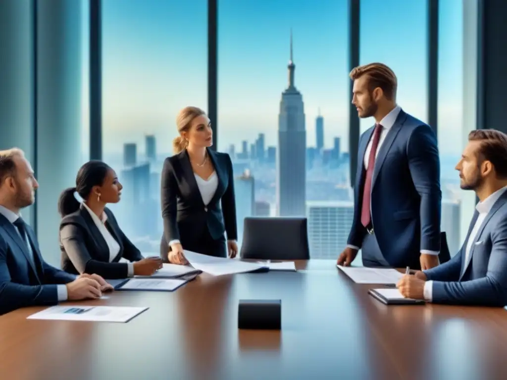 Reunión estratégica de profesionales en oficina moderna Profesionales enfocados en cumplimiento regulatorio en sala de juntas moderna, con skyline de ciudad al fondo