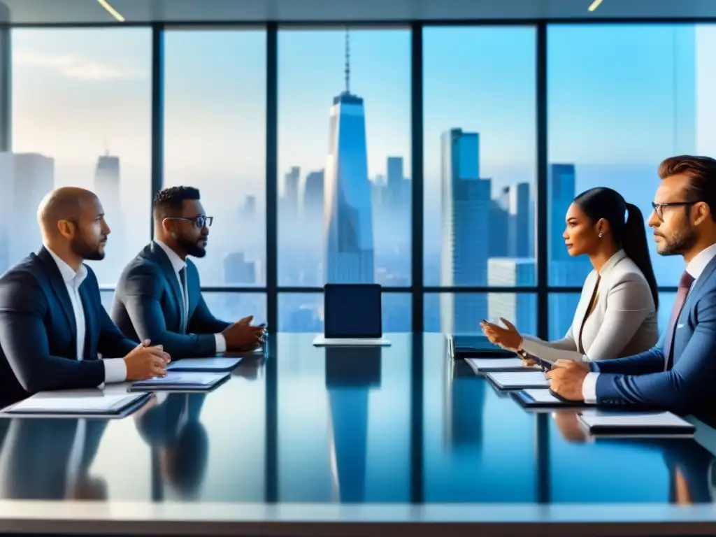 Reunión estratégica de profesionales en oficina moderna Profesionales enfocados en estrategia de negocios internacionales, evitando errores en inversión comercial internacional