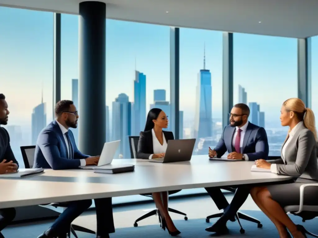 Profesionales globales en reunión estratégica en oficina moderna Profesionales enfocados en mesa de reuniones, colaborando en mercado inmobiliario internacional