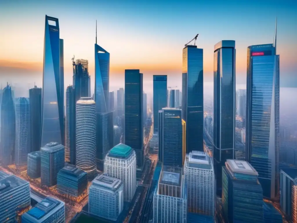 Negociaciones globales en distrito empresarial moderno Diversos profesionales negocian en entorno M&A internacional bajo imponentes rascacielos