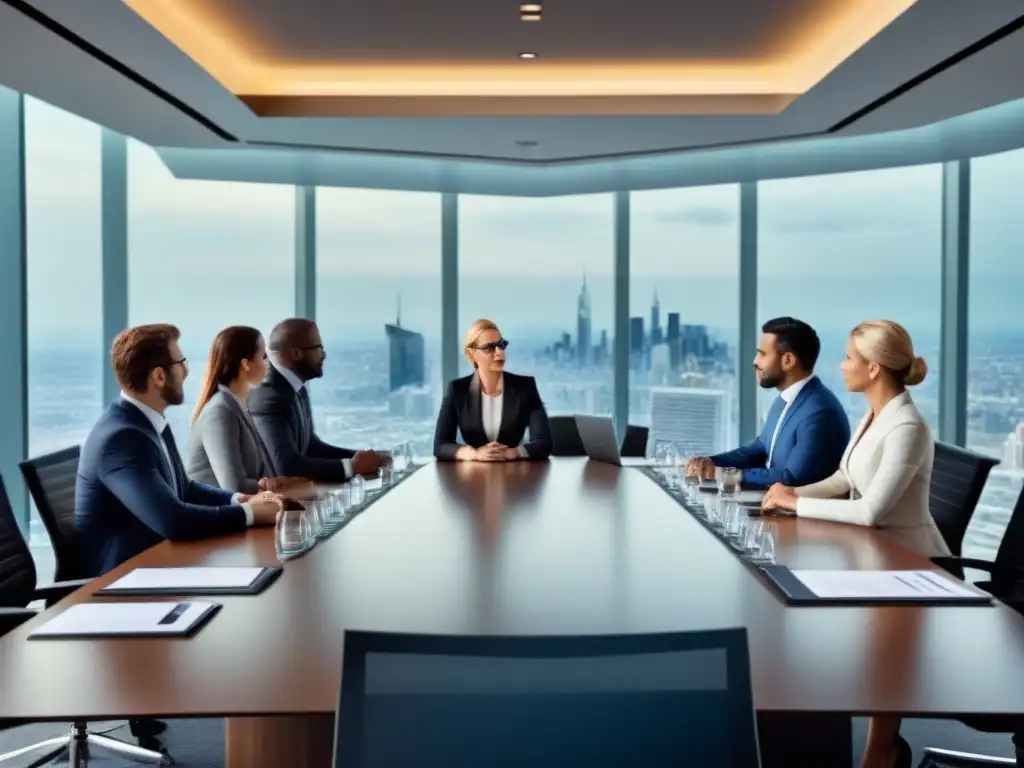 Negociación global de M&A: Profesionales en acción Profesionales negociando en entorno M&A internacional en sala de juntas con vista a la ciudad