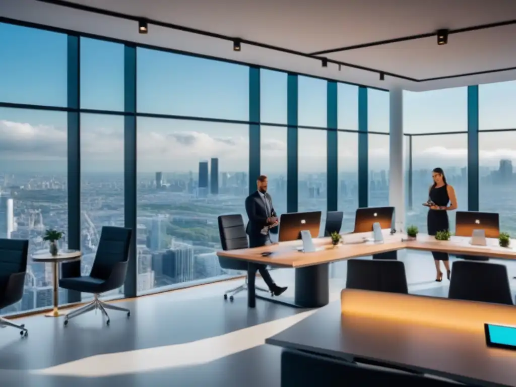 Espacio de coworking futurista con vista urbana dinámica Profesionales trabajando en un espacio coworking moderno con vista a la ciudad