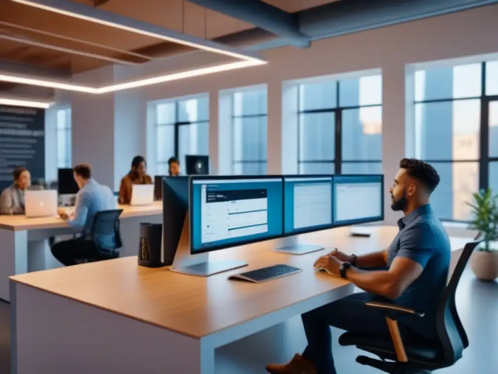 Espacio de coworking moderno con profesionales colaborando en un ambiente vibrante Profesionales colaborando en un espacio coworking moderno con servicios adicionales