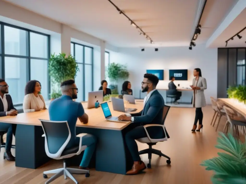 Espacio coworking vibrante y creativo para profesionales diversos Profesionales colaborando en un espacio coworking vibrante y moderno
