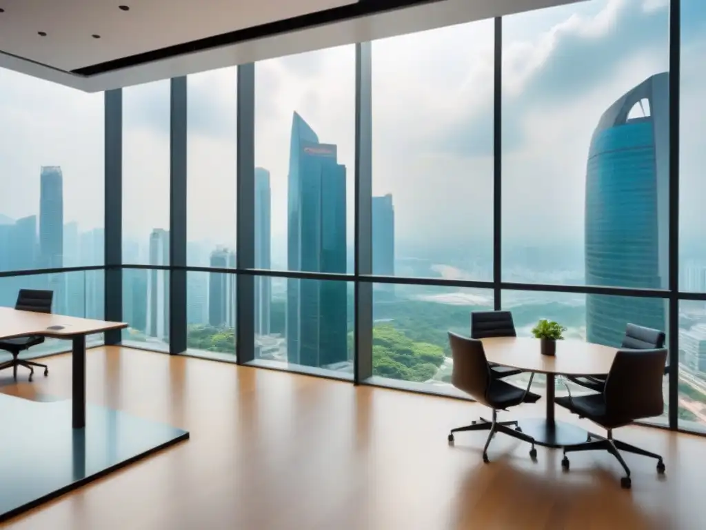 Oficina colaborativa en Singapur con vistas panorámicas Profesionales colaborando en un espacio de coworking vibrante en Singapur, reflejando las tendencias del mercado laboral en Asia