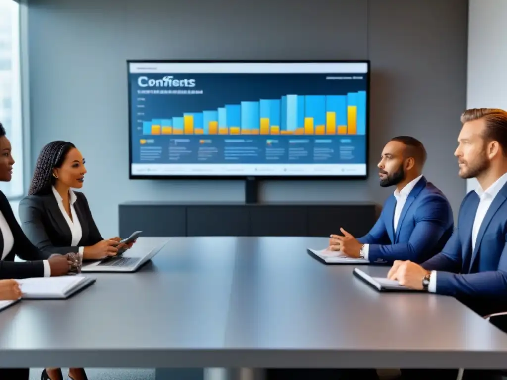 Profesionales en reunión estratégica: innovación inmobiliaria Profesionales debatiendo estrategias anticíclicas de inversiones inmobiliarias en oficina moderna