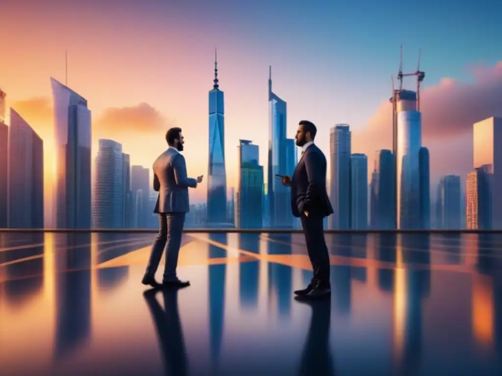 Skyline urbano al atardecer: profesionales en acción Profesionales debatiendo estrategias bajo un atardecer urbano, reflejando el impacto de las fluctuaciones cambiarias en el mercado inmobiliario