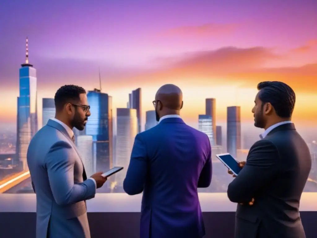 Profesionales discutiendo estrategias de inversión en REITs durante crisis, bajo un vibrante atardecer urbano