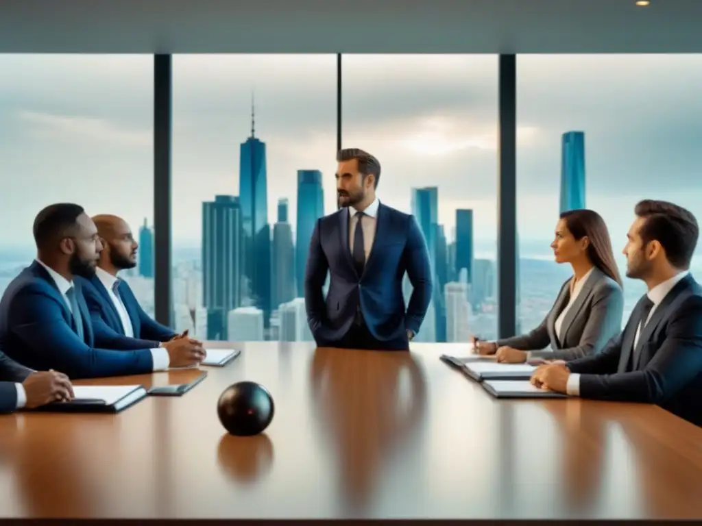 Abogados internacionales en sala de juntas moderna discuten litigio inmobiliario Profesionales debatiendo estrategias de Defensa en litigios internacionales inmobiliarios en una sala de juntas futurista