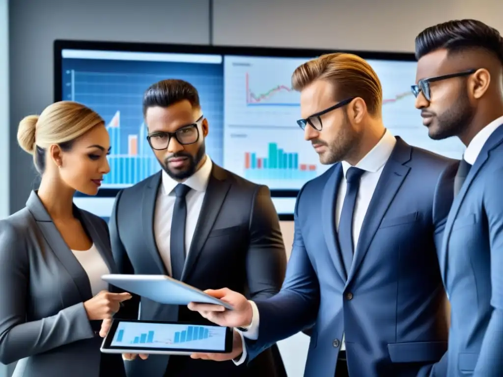 Profesionales exitosos colaboran en oficina moderna Profesionales colaboran en estrategias de éxito crowdfunding inmobiliario internacional en moderna oficina