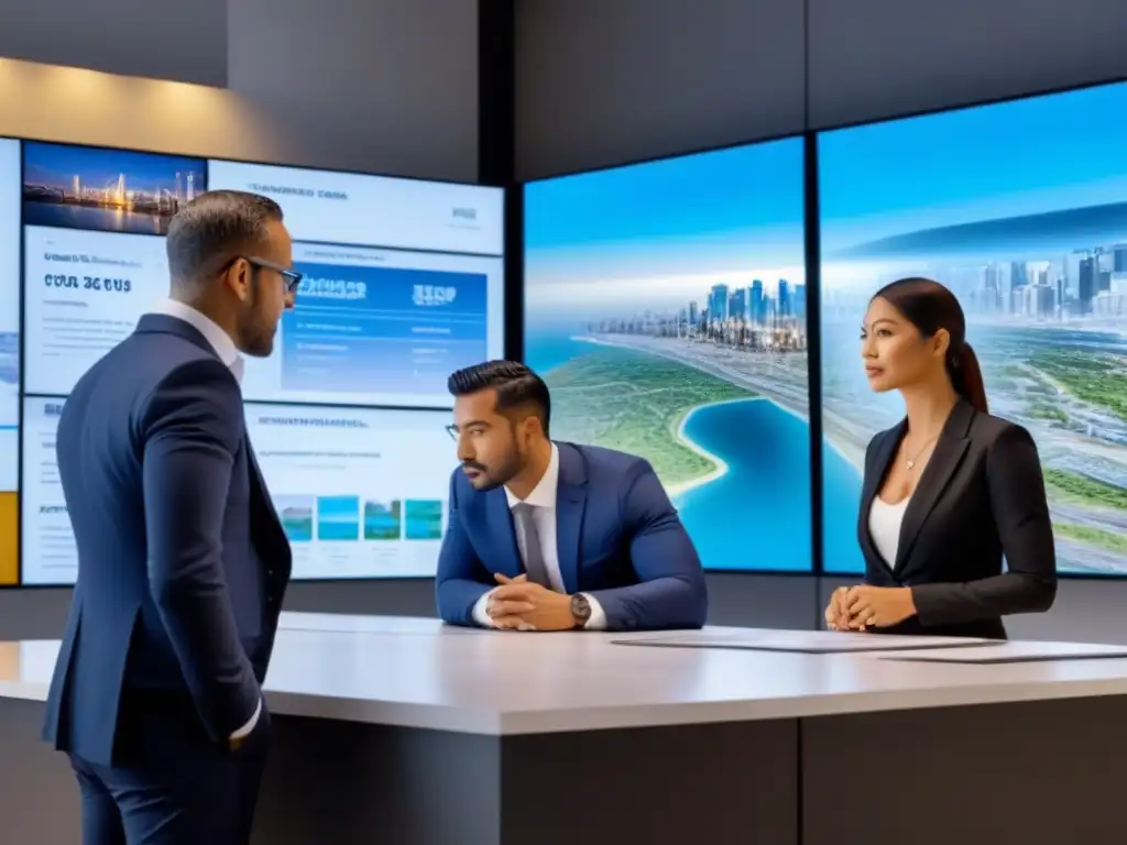 Brainstorming creativo de expertos financieros y arquitectos en 8k Profesionales debaten estrategias de financiación creativa para terrenos sin desarrollar, rodeados de pantallas digitales futuristas