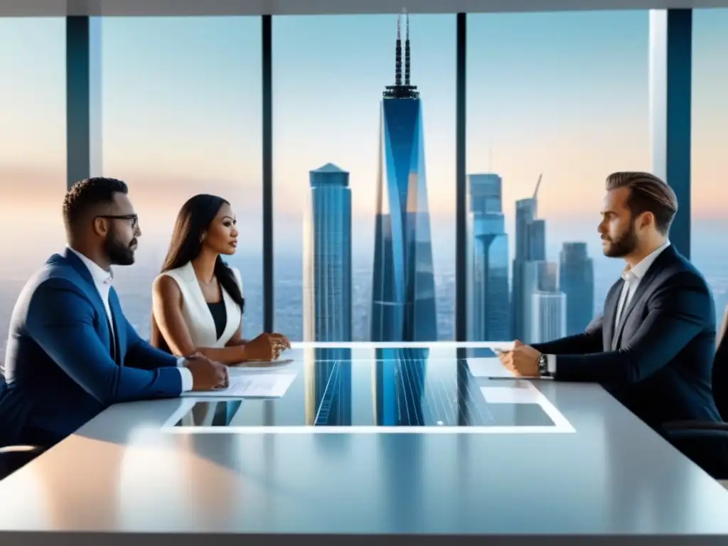 Profesionales discuten estrategias financieras internacionales Profesionales debatiendo estrategias financieras para inversión inmobiliaria internacional en moderna oficina con vista a la ciudad