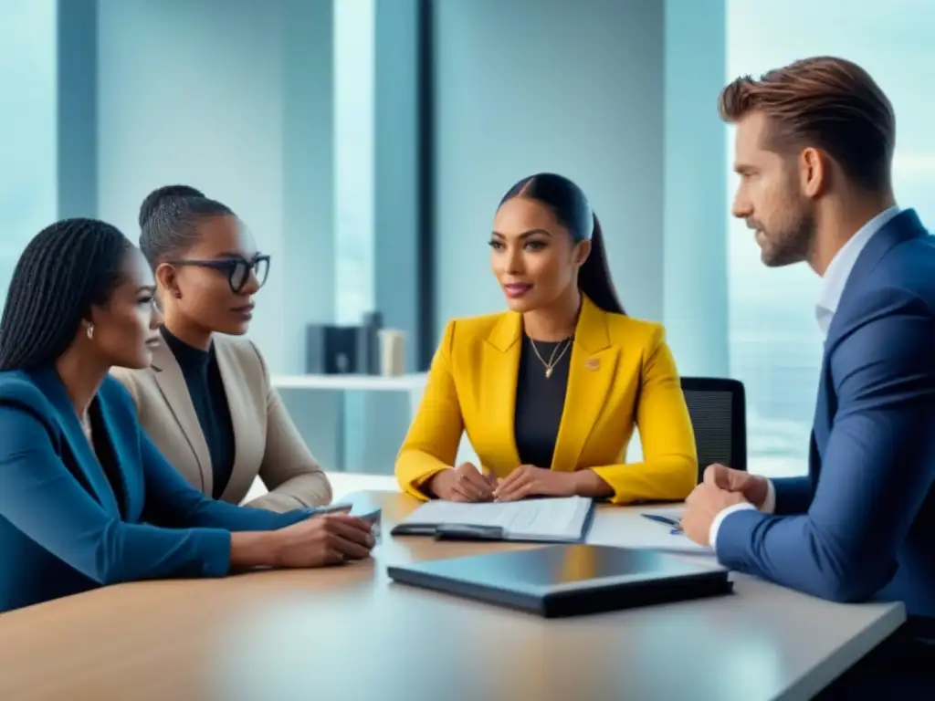 Profesionales diversificados colaboran en estrategias de crédito internacional en una oficina moderna Profesionales colaborando en estrategias de historial crediticio internacional en oficina moderna